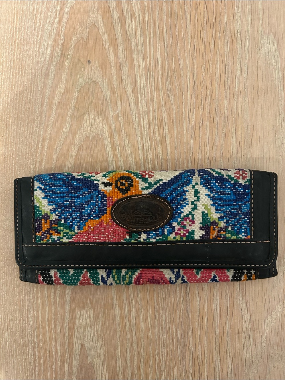 Embroidered Multicolor Bird Continental Wallet with Black Leather Trim